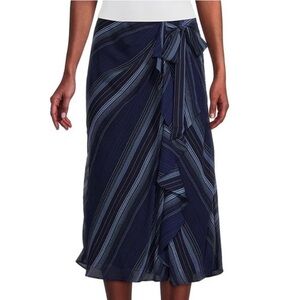 LAUREN RALPH LAUREN Georgette Midi Skirt Blue Stripes Ruffles